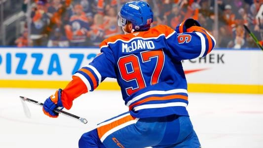 Edmonton Oilers' Connor McDavid celebrates a goal