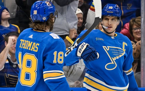 20 janvier 2024 ; Saint-Louis, Missouri, &Eacute;tats-Unis ; Le centre des Blues de Saint-Louis, Brayden Schenn (10), est f&eacute;licit&eacute; par le centre Robert Thomas (18) apr&egrave;s avoir marqu&eacute; contre les Capitals de Washington au cours de la deuxi&egrave;me p&eacute;riode &agrave; l'Enterprise Center.