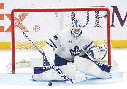 Nov 29, 2025; Pittsburgh, Pennsylvania, USA; Toronto Maple Leafs goaltender Dennis Hildeby (35) makes a save against the Pittsburgh Penguins during the third period at PPG Paints Arena