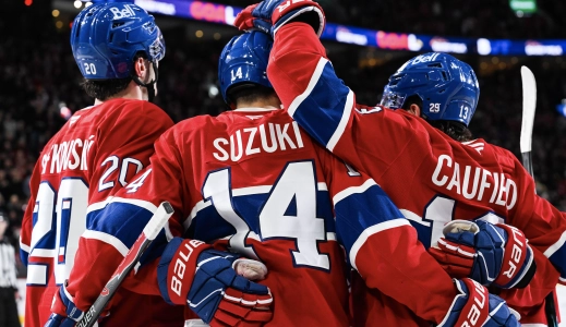 Dec 2, 2025; Montreal, Quebec, CAN; Montreal Canadiens center Nick Suzuki (14) celebrates his goal against the Ottawa Senators with his teammates during the second period at Bell Centre.