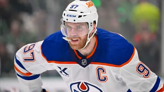 Edmonton Oilers' Connor McDavid lines up for a faceoff