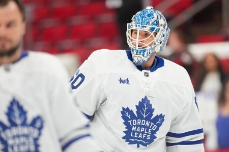 Dec 4, 2025; Raleigh, North Carolina, USA; Toronto Maple Leafs goaltender Joseph Woll (60) skates during the warmups before the game against the Carolina Hurricanes at Lenovo Center.