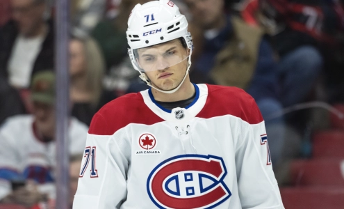 22 f&eacute;vrier 2025 ; Ottawa, Ontario, Canada ; Jake Evans (71), centre des Canadiens de Montr&eacute;al, patine au cours de la deuxi&egrave;me p&eacute;riode contre les S&eacute;nateurs d'Ottawa au Centre Canadian Tire.