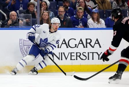 Oct 24, 2025; Buffalo, New York, USA; Toronto Maple Leafs left wing Matias MacCelli (63) looks to make a pass during the first period against the Buffalo Sabres at KeyBank Center.