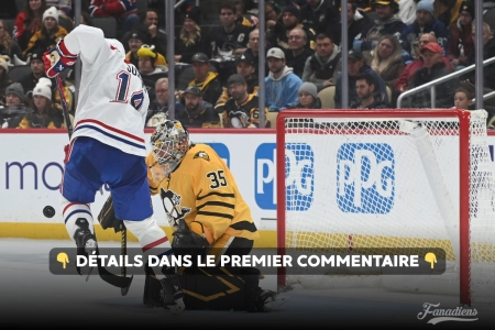 11 d&eacute;cembre 2025 ; Pittsburgh, Pennsylvanie, &Eacute;tats-Unis ; Le gardien des Penguins de Pittsburgh Tristan Jarry (35) arr&ecirc;te le centre des Canadiens de Montr&eacute;al Nick Suzuki (14) lors de la deuxi&egrave;me p&eacute;riode au PPG Paints Arena.