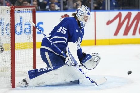 Dec 11, 2025; Toronto, Ontario, CAN; Toronto Maple Leafs goaltender Dennis Hildeby (35) goes to make a save against the San Jose Sharks during the second period at Scotiabank Arena.