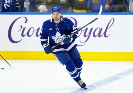 Nov 5, 2025; Toronto, Ontario, CAN; Toronto Maple Leafs left wing Matias MacCelli (63) skates during the warmup before a game against the Utah Mammoth at Scotiabank Arena.