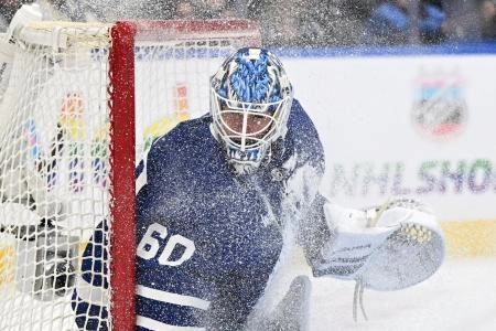 Nov 18, 2025; Toronto, Ontario, CAN; Toronto Maple Leafs goalie Joseph Woll (60) is sprayed by ice chips after making a save in the second period against the St. Louis Blues at Scotiabank Arena.