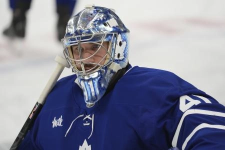 Oct 21, 2025; Toronto, Ontario, CAN; Toronto Maple Leafs goaltender Anthony Stolarz (41) warms up before a game against the New Jersey Devils at Scotiabank Arena