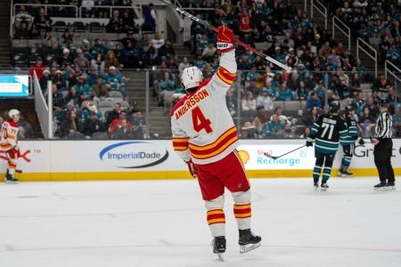 Dec 16, 2025; San Jose, California, USA; Calgary Flames defenseman Rasmus Andersson (4) celebrates after the goal against the San Jose Sharks during the first period at SAP Center at San Jose.
