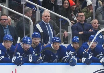 Dec 16, 2025; Toronto, Ontario, CAN; Toronto Maple Leafs head coach Craig Berube watches the action against the Chicago Blackhawks during the third period at Scotiabank Arena.