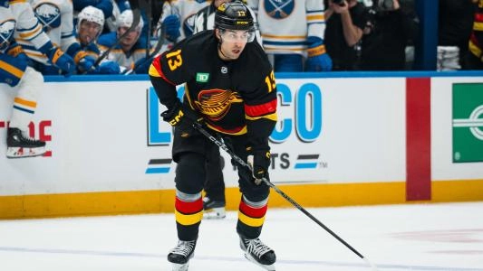 Vancouver Canucks' Arshdeep Bains plays vs. the Buffalo Sabres