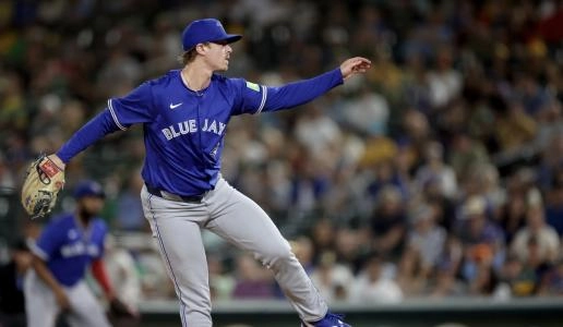 Jul 12, 2025; West Sacramento, California, USA; Toronto Blue Jays pitcher Justin Bruihl (58) follows through after a pitch against the Athletics during the seventh inning at Sutter Health Park. Mandatory Credit: Dennis Lee-Imagn Images