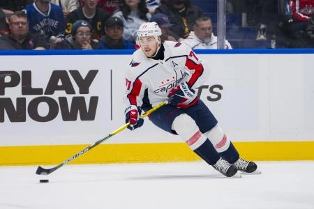Mar 16, 2024; Vancouver, British Columbia, CAN; Washington Capitals forward TJ Oshie (77) handles the puck against the Vancouver Canucks in the second period at Rogers Arena.