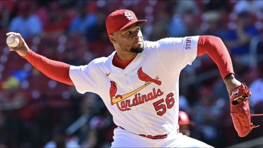 Sep 17, 2025; St. Louis, Missouri, USA; St. Louis Cardinals pitcher Jorge Alcala (56) pitches in relief against the Cincinnati Reds in the sixth inning at Busch Stadium. Mandatory Credit: Tim Vizer-Imagn Images