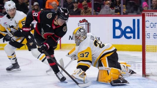 Ottawa Senators' Tim Stutzle takes a shot on goal vs. the Pittsburgh Penguins