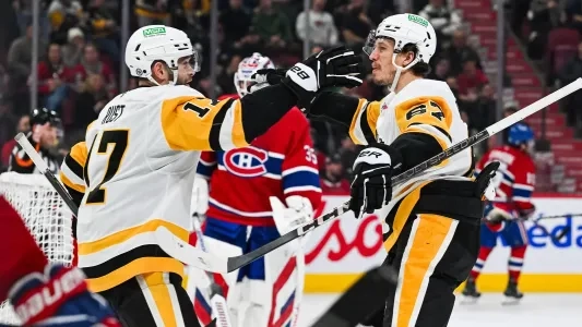 Pittsburgh Penguins players celebrate a goal vs. the Montreal Canadiens at the Bell Centre