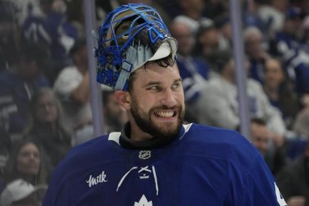 Oct 28, 2025; Toronto, Ontario, CAN; Toronto Maple Leafs goaltender Anthony Stolarz (41) during a break in the action against the Calgary Flames during the second period at Scotiabank Arena. Mandatory Credit: John E. Sokolowski-Imagn Images