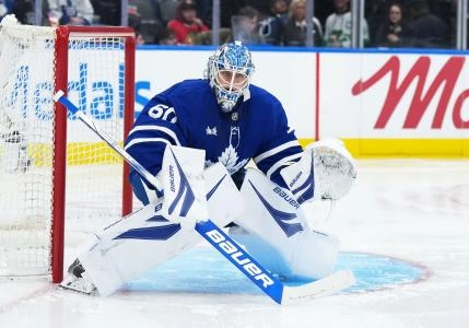 Dec 16, 2025; Toronto, Ontario, CAN; Toronto Maple Leafs goaltender Joseph Woll (60) follows the play against the Chicago Blackhawks during the second period at Scotiabank Arena.