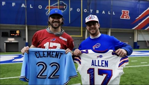 DEC 19 2025 Toronto Blue Jays infielder Ernie Clement and Buffalo Bills Quarterback Josh Allen take tour of new Highmark Stadium.