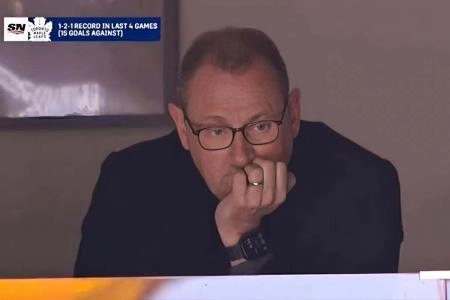 Dec 20, 2025; TORONTO, ON, CANADA: Toronto Maple Leafs GM Brad Treliving reacts after the team's 5-3 loss to the Nashville Predators on Saturday evening.