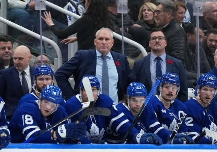 Nov 5, 2025; Toronto, Ontario, CAN; Toronto Maple Leafs head coach Craig Berube watches the play against the Utah Mammoth during the third period at Scotiabank Arena.