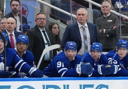 Dec 13, 2025; Toronto, Ontario, CAN; Toronto Maple Leafs head coach Craig Berube watches the play against the Edmonton Oilers during the third period at Scotiabank Arena.