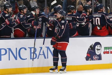 Dec 4, 2025; Columbus, Ohio, USA; Columbus Blue Jackets defenseman Ivan Provorov (9) celebrates his goal against the Detroit Red Wings during the first period at Nationwide Arena.