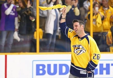 May 5, 2016; Nashville, TN, USA; Nashville Predators former player Steve Sullivan shows support prior to the game against the San Jose Sharks in game four of the second round of the 2016 Stanley Cup Playoffs at Bridgestone Arena. The Predators won 4-3.