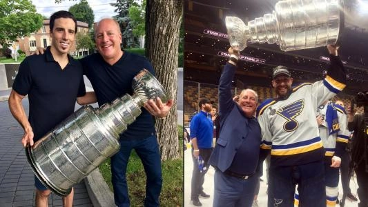 Allan Walsh with Marc-Andre Fleury and the Stanley Cup (left) and with a St. Louis Blues player (right)