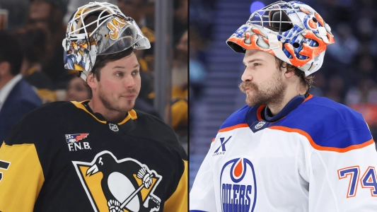 Pittsburgh Penguins' Tristan Jarry (left) and Edmonton Oilers' Stuart Skinner (right)
