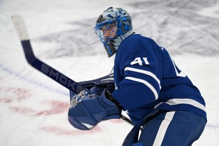 Nov 8, 2025; Toronto, Ontario, CAN; Toronto Maple Leafs goalie Anthony Stolarz (41) warms up before playng the Boston Bruins at Scotiabank Arena.