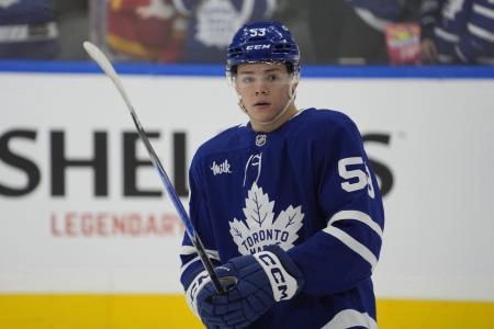 Oct 28, 2025; Toronto, Ontario, CAN; Toronto Maple Leafs forward Easton Cowan (53) skates during warm up before a game against the Calgary Flames at Scotiabank Arena