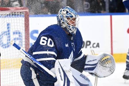 Dec 23, 2025; Toronto, Ontario, CAN; Toronto Maple Leafs goalie Joseph Woll (60) tracks the play as he is sprayed with ice chips against the Pittsburgh Penguins in the second period at Scotiabank Arena