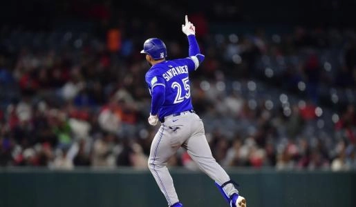 May 6, 2025; Anaheim, California, USA; Toronto Blue Jays right fielder Anthony Santander (25) runs the bases after hitting a solo home run against the Los Angeles Angels during the eighth inning at Angel Stadium. Mandatory Credit: Gary A. Vasquez-Imagn Images
