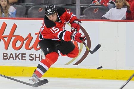 Apr 25, 2013; Newark, NJ, USA; New Jersey Devils center Steve Sullivan (15) shoots the puck during the second period at the Prudential Center.