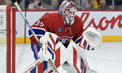 3 avril 2025 ; Montr&eacute;al, Qu&eacute;bec, CAN ; Le gardien de but des Canadiens de Montr&eacute;al, Sam Montembeault (35), pendant la troisi&egrave;me p&eacute;riode du match contre les Bruins de Boston au Centre Bell.