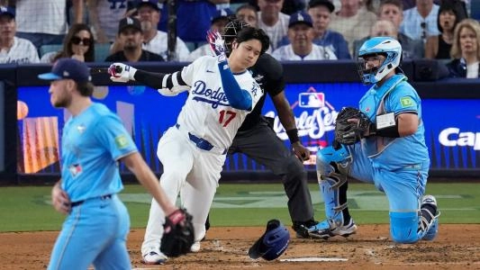 Oct 29, 2025; Los Angeles, California, USA; Toronto Blue Jays pitcher Trey Yesavage (39) walks off the mound after the fourth inning against the Los Angeles Dodgers during game five of the 2025 MLB World Series at Dodger Stadium. Mandatory Credit: Kiyoshi Mio-Imagn Images