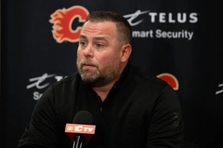 Sep 25, 2023; Seattle, Washington, USA; Calgary Flames assistant coach Marc Savard speaks to the media after the Flames defeated the Seattle Kraken at Climate Pledge Arena.