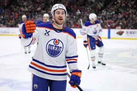Dec 20, 2025; Saint Paul, Minnesota, USA; Edmonton Oilers left wing Andrew Mangiapane (88) celebrates his goal against the Minnesota Wild during the first period at Grand Casino Arena