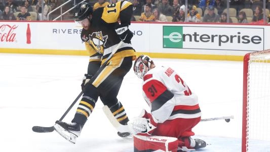 Pittsburgh Penguins' Justin Brazeau takes a shot against the Carolina Hurricanes