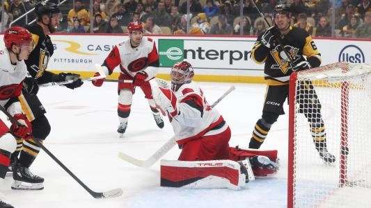 Pittsburgh Penguins take a shot on goal vs. the Carolina Hurricanes