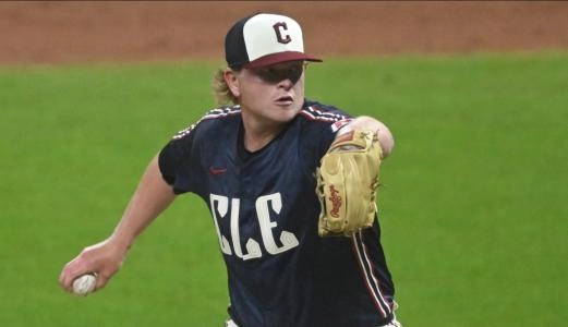 Jun 6, 2025; Cleveland, Ohio, USA; Cleveland Guardians relief pitcher Nic Enright (59) delivers a pitch in the ninth inning against the Houston Astros at Progressive Field. Mandatory Credit: David Richard-Imagn Images