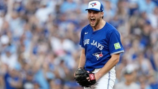 Oct 5, 2025; Toronto, Ontario, CAN; Toronto Blue Jays pitcher Trey Yesavage (39) reacts after a strikeout in the fourth inning against the New York Yankees during game two of the ALDS round for the 2025 MLB playoffs at Rogers Centre. Mandatory Credit: Kevin Sousa-Imagn Images