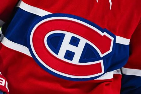 Nov 23, 2024; Montreal, Quebec, CAN; View of a Montreal Canadiens logo on a jersey worn by a member of the team during warm-up before the game against the Las Vegas Golden Knights at Bell Centre.
