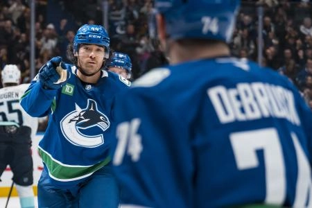 Jan 2, 2026; Vancouver, British Columbia, CAN; Vancouver Canucks forward Kiefer Sherwood (44) and forward Jake DeBrusk (74) celebrate Sherwoods goal against the Seattle Kraken in the second period at Rogers Arena.