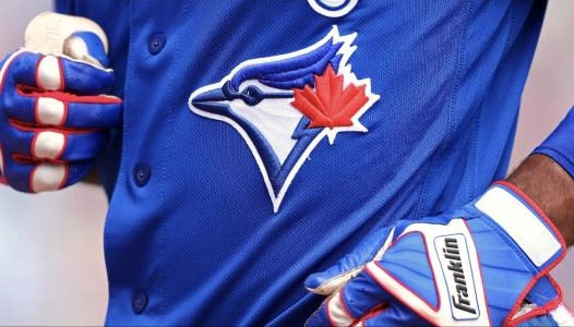 Dunedin, FL, USA; A view of the Toronto Blue Jays logo on an official Majestic game jersey. Rodolfo Castro. Mandatory Credit: Aaron Doster-Imagn Images
