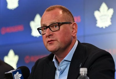 Jun 1, 2023; Toronto, Ontario, CANADA; Toronto Maple Leafs new general manager Brad Treliving is introduced at a press conference at Scotiabank Arena