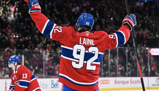 17 d&eacute;cembre 2024 ; Montr&eacute;al, Qu&eacute;bec, CAN ; L'ailier droit des Canadiens de Montr&eacute;al, Patrik Laine (92), r&eacute;agit apr&egrave;s avoir marqu&eacute; son troisi&egrave;me but du match contre les Sabres de Buffalo au cours de la deuxi&egrave;me p&eacute;riode au Centre Bell.