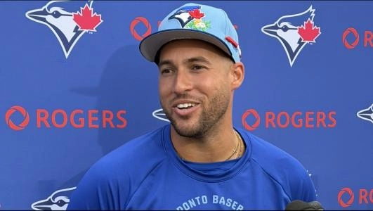 Feb 17, 2026; Dunedin, FL, USA; Toronto Blue Jays outfielder George Springer (4) speaks to the media at the Toronto Blue Jays Player Development Complex.